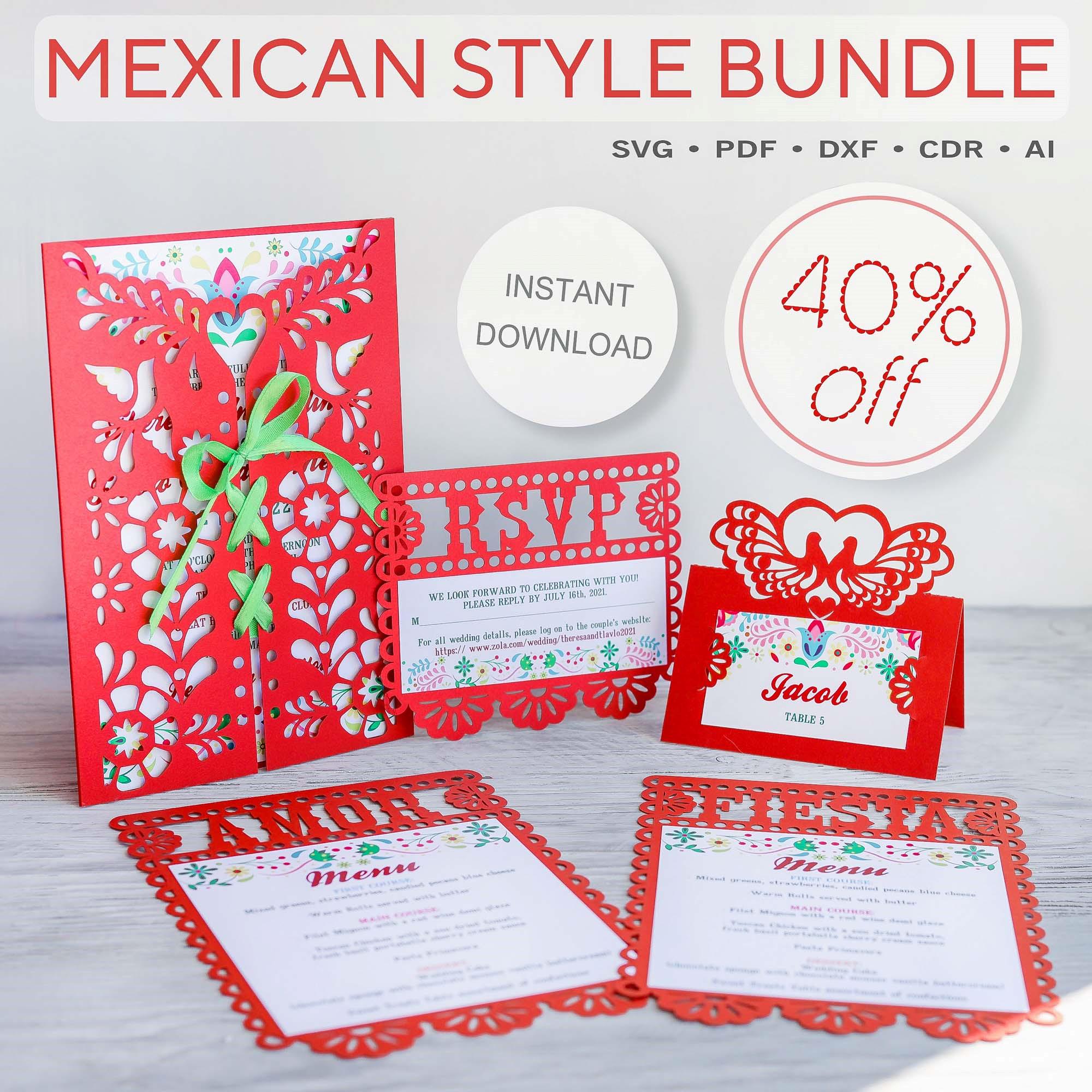 Mexican style templates bundle cricut svg, Papel picado gatefold wedding invitation, Rsvp, Place card, Fiesta menus lasercut, svg dxf pdf ai