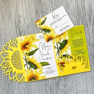 Sonnenblume mit Herz SVG-Hochzeitseinladungsvorlage, dreifach gefalteter 5x7-Taschenumschlag für Cricut für lasergeschnittenes Papercut-Cameo (ai cdr dxf pdf)