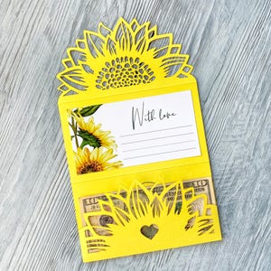 Modèle d’enveloppe d’argent de tournesol SVG avec carte de souhaits et coeur, porte-argent cadeau d’anniversaire pour papercut cricut, cdr découpé au laser, ai, dxf, pdf