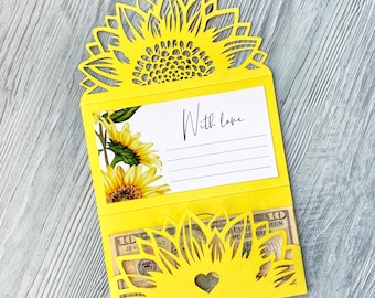 Svg sunflower cash envelope template with wishes card and heart, Birthday gift money holder for cricut papercut, Laser cut cdr, ai, dxf, pdf