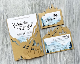 5 x 7 górski las zaproszenie na ślub SVG szablon Gatefold Cricut, laserowo wycinane miejsce karty Rsvp zestaw, zieleń rustykalne zaproszenie na zewnątrz Papercut