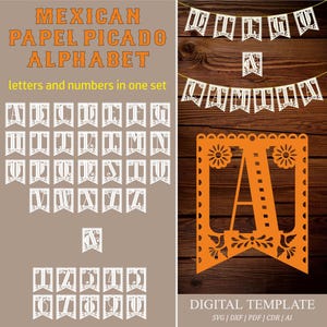 以下が含まれることがあります： オレンジと白のパペルピカードアルファベットセット。文字と数字が含まれています。「MEXICAN PAPEL PICADO ALPHABET」と「letters and numbers in one set」のテキストが入ったバナーのデザイン。画像には「DIGITAL TEMPLATE」の文字も含まれています。
