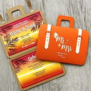 Suitcase travel wedding invitation svg template, Cricut custom laser cut 5x7 destination invites, Adventure & journey invite papercut cameo