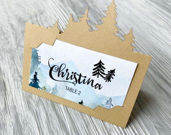 Fir forest name place card cutting svg template, Mountain wedding table seating card cricut, Spruce rustic lasercut escort card papercut dxf