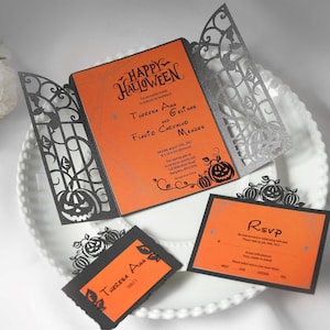 Set svg plantilla de invitación de boda de halloween cricut calabaza de murciélago, puerta de hierro doblar sobre gótico colocar tarjeta corte de papel plantilla de corte láser Cameo