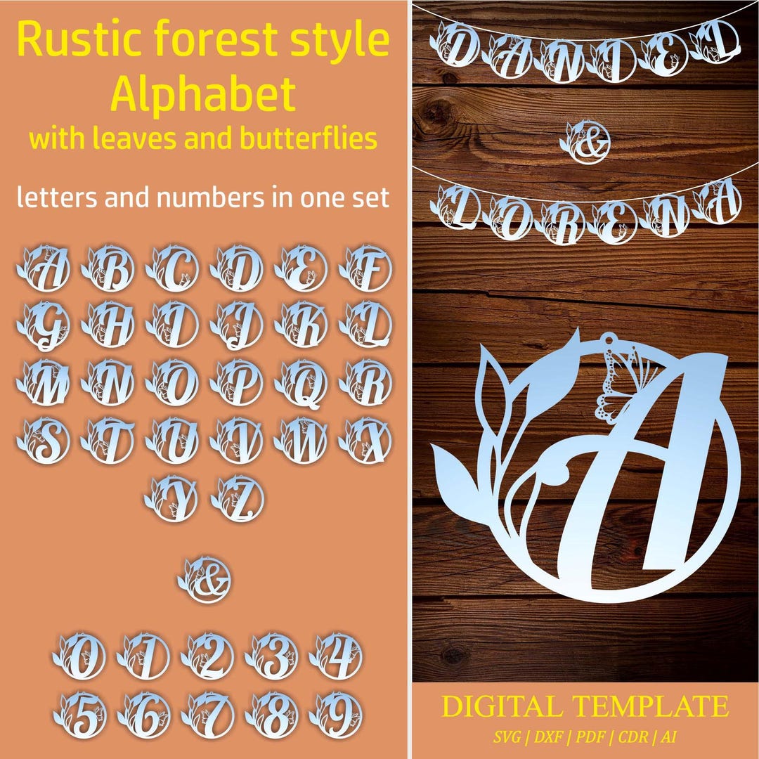 Rustic Alphabet Banner Svg Template With Forest Leaves Butterflies ...