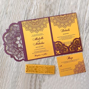 Paisley mandala Indiase ornament svg bruiloft uitnodiging sjabloon 5 x 7, Tri-fold hindoe cricut envelop, Lasergesneden papercut cameo svg dxf ai cdr