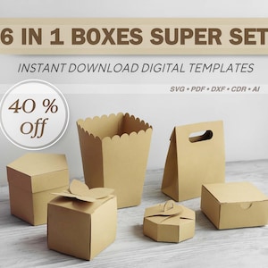 Conjunto de plantillas svg de caja de regalo para cricut, corte láser, cameo de corte de papel, cajas de favor octogonales explosion-Square-Bag-Popcorn-Butterfly-Pentagonal