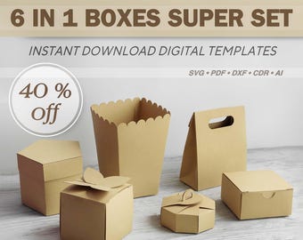 Set of gift box svg templates for cricut, laser cut, papercut cameo, Octagonal explosion-Square-Bag-Popcorn-Butterfly-Pentagonal favor boxes