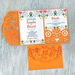 Plantilla svg invitación de boda mexicana tríptico 5x7 señor-senorita & juego de tarjetas de lugar, Cricut papel picado corte láser, Fiesta invita corte de papel