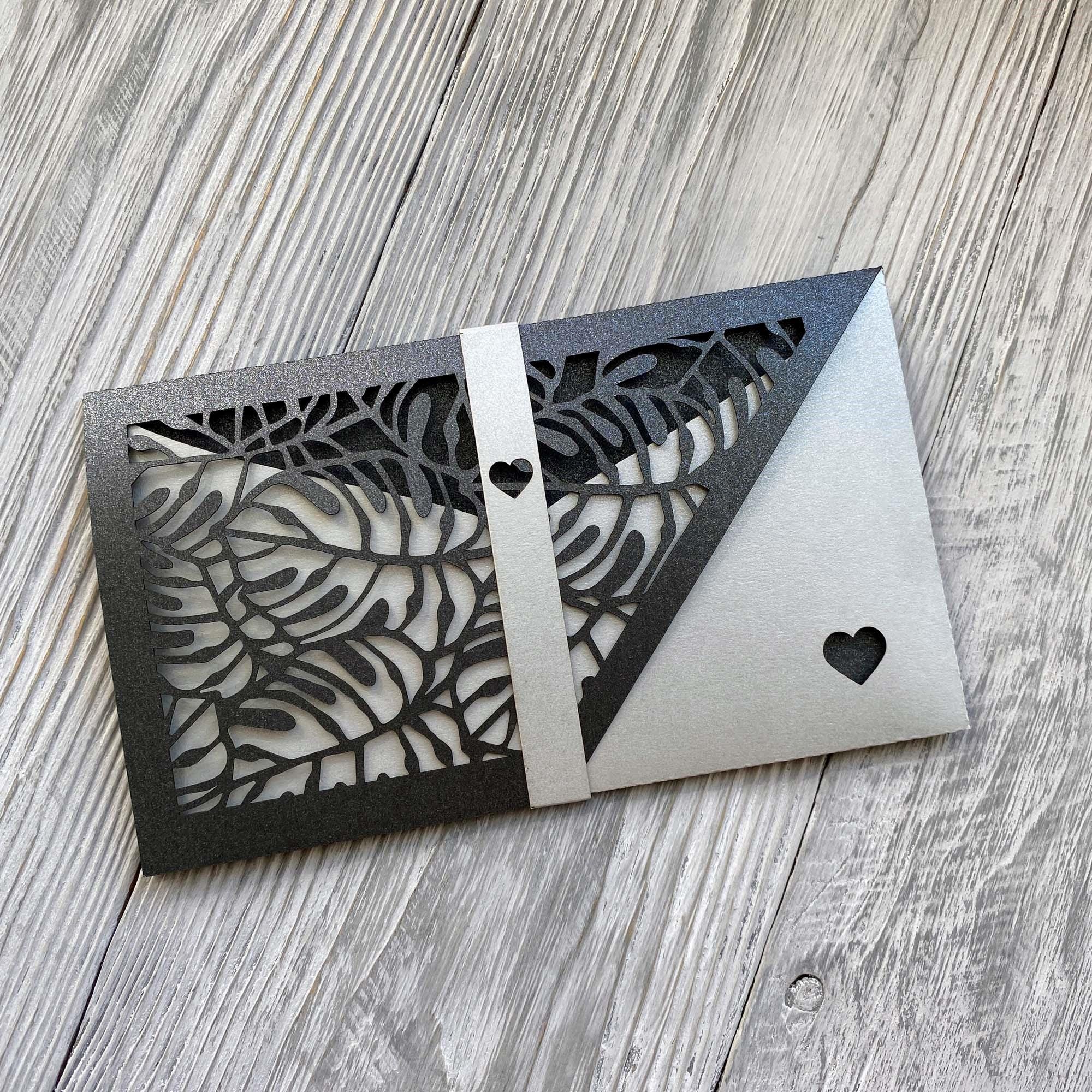 Svg tropical leaves cash envelope template with heart belly band, Wedding laser cut gift card, Birthday cricut money holder, Papercut cameo
