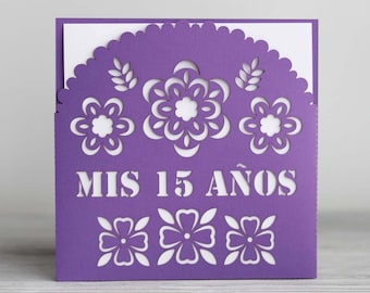 Mis 15 años flowers laser cut invitation envelope template, Svg 6x6 quinceañera cricut invite, 15th birthday party, Custom papel picado dxf