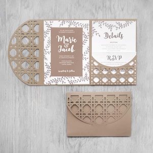 Modèle svg d’invitation de mariage en arc de rotin, Cricut diy tri-fold poche invitation enveloppe découpée au laser papercut cameo, svg, dxf, pdf, ai, cdr