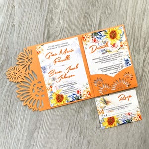 SVG-Hochzeitseinladungsvorlage mit Sonnenblumen Cricut 5x7, dreifach gefalteter Tascheneinladungsumschlag für Laserschnitt, Papierschnitt, Cameo-Auftritt pdf dxf ai cdr