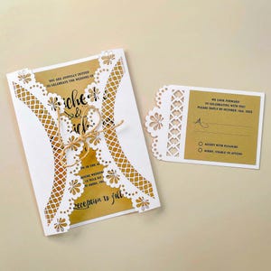 Modèle d'invitation de mariage rustique en dentelle avec carte RSVP Cricut, invitation découpée au laser Boho Gate-fold 5x7 Papercut cameo svg dxf pdf ai cdr