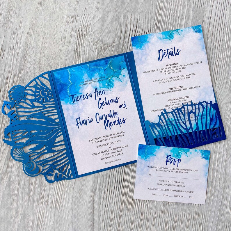 Ocean Invitation Svg Template Tri-fold Cricut & Blue Place Card Set ...