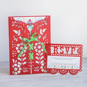 Cricut papel picado messicano svg modello di invito a nozze apribile 5x7 con carta rsvp, invito monogramma Fiesta, cameo papercut tagliato al laser