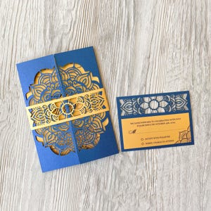 5x7 Gatefold Mandala Ornament Hochzeitseinladung SVG Vorlage mit RSVP und Bauchband, Cricut indische Einladung, Cameo Papercut Laser cut Hindu