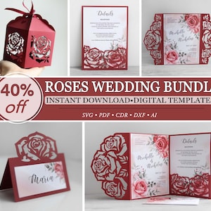 Set Rosen Blumen Hochzeitseinladung Vorlage, Panel Tasche, Gatefold Einladung, Tischkarte, Geschenkbox, Cricut, Cameo, Lasercut, svg dxf pdf ai