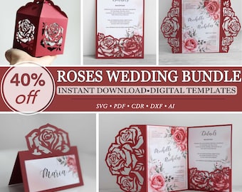 Set roses flowers wedding invitation template, Panel pocket, Gatefold invite, Place card, Favor box, Cricut, cameo, lasercut, svg dxf pdf ai