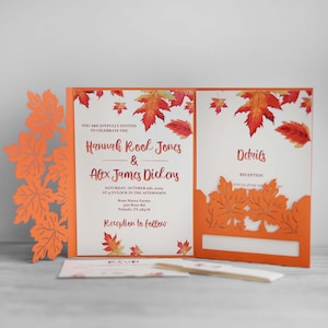 SVG-Hochzeitseinladungsvorlage mit Bergahornblatt für Cricut, 5x7 Herbst-Ahornblätter, dreifach gefaltete Laserschnitt-Einladung, Herbst-Taschenumschlag, Papierschnitt-Cameo