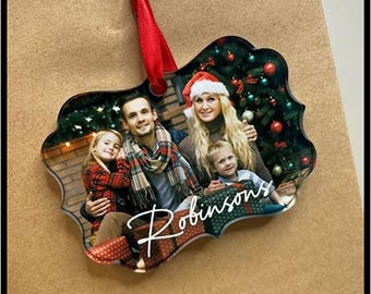Personalized Photo Christmas Ornament – Family Picture Keepsake •  Glossy Scalloped Acrylic Ornament • Custom Name
