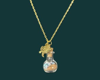 Sea Turtle Nest Necklace – Glass Pendant with Sand, Faux Pearls (Beads) & Turtle Charm