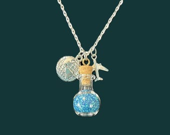 Globe & Airplane Charm Necklace, Blue Sand Mini Bottle, Travel Gift