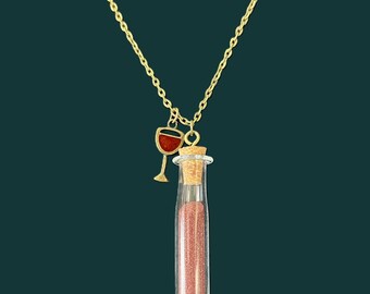 Wine Bottle Sand Necklace • Gold Tone Chain, Wine Charm Pendant