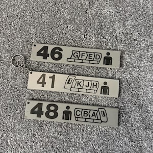Puede incluir: Tres llaveros rectangulares grises con n&uacute;meros y s&iacute;mbolos negros. Cada llavero tiene un n&uacute;mero, un gr&aacute;fico de disposici&oacute;n de asientos y un icono de persona. Un llavero tiene un anillo de metal adjunto.
