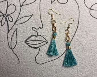 Teal and Gold Tassle Earrings