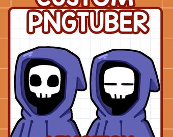 May include: Two cartoon figures in blue hooded cloaks with skull faces. The image has the text "CUSTOM PNGTUBER" at the top and "I EMOTION" at the bottom, all in a bold, white font with a red outline. The background is a grid pattern.