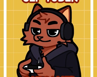 May include: Illustration of a brown cat with headphones, wearing a black hoodie, and holding a game controller. Text at the top reads "GIF TUBER" and at the bottom "CAT GAMER" on a yellow background with a white border.
