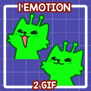 May include: A digital illustration featuring two green cat-like aliens with antennae. The image has the text "I'EMOTION" at the top and "2 GIF" at the bottom, set against a blue grid background, framed in white.
