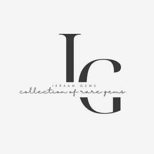 May include: A logo featuring the letters "IG" in a dark gray, elegant serif font. Below the letters, the text "IKRAAM GEMS" is written in a smaller, sans-serif font, and "collection of rare gems" is written in a cursive font.