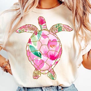 Tortuga marina floral estilo preppy PNG, diseño de camiseta de playa de verano, descarga digital de océano costero, PNG femenino, Tortuga marina floral estilo bohemio PNG, Tortuga PNG