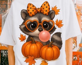 Cute Raccoon Halloween PNG, Fall Pumpkin Animal Clipart, Autumn Sublimation Design