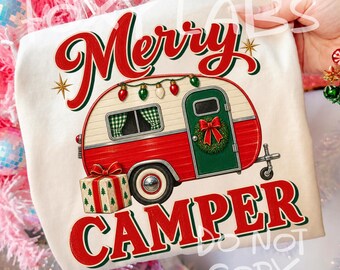 Merry Camper Christmas PNG, Retro Family Camping Xmas Lights RV Design, DTF Sublimation