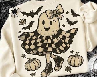 Geruite Halloween-spook PNG, koket spookontwerp met strik, sublimatie voor het griezelige seizoen