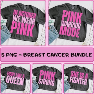 May include: A collection of five dark gray t-shirts with pink text promoting breast cancer awareness. The shirts feature phrases like "In October We Wear Pink," "Pink Warrior Mode," and "Fight Like a Queen."