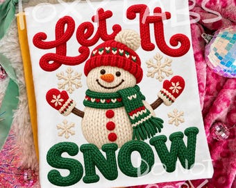 Let It Snow Yarn Christmas PNG, Knitted Snowman Cozy Winter Design, DTF Sublimation