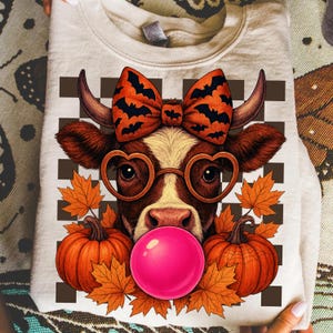 Cute Fall Cow Png, Coquette Cow Bubblegum Tshirt Design, Spooky Season Png, Funny Halloween, Funny Highland Cow Reading Sublimation Design