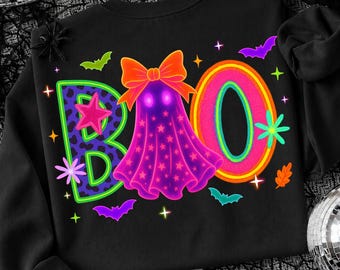 Neon Boo PNG, Halloween Ghost Design, Coquette Spooky Season Sublimation