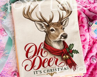 Oh Deer It’s Christmas PNG, Woodland Deer Holly Bells Winter Design, DTF Sublimation