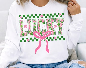 Lucky St Patrick's Day PNG, Pink Bow Design, Shamrock Sublimation