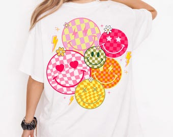 Checkered Smiley Face PNG, Retro Floral Distressed Smile Sublimation Design