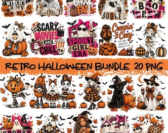 May include: A digital collection of 20 Halloween-themed graphic designs featuring ghosts, pumpkins, black cats, and witches with coffee cups, autumn leaves, and bats, including text phrases like Witch's Brew, Hot Ghoul Fall, and Spooky Girl Era.