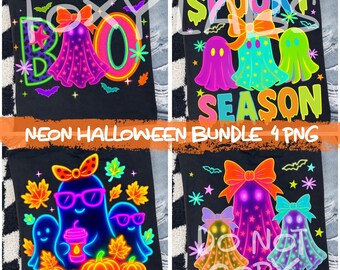 May include: A black t-shirt featuring four neon Halloween designs. The graphics include ghosts with bows, pumpkins, autumn leaves, stars, bats, and text reading BOO, SPOOKY SEASON, and neon-colored accents in pink, orange, green, and blue.