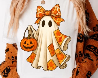 Coquette Fall Ghost PNG, Halloween Ghost with Pumpkin Clipart, Autumn Patchwork Ghost, Cute Spooky Season Sublimation, Retro Halloween PNG