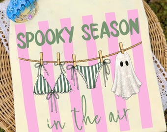 Striped Spooky Season PNG, Coastal Summerween Design, Beach Bikini Cute Ghost Sublimation